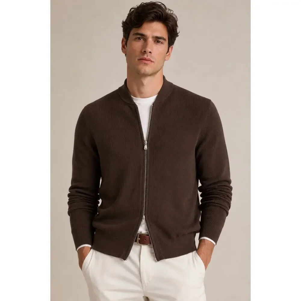Brunello Cucinelli Men’s Full Zip Cardigan Sweater Cotton Brown 50 Medium